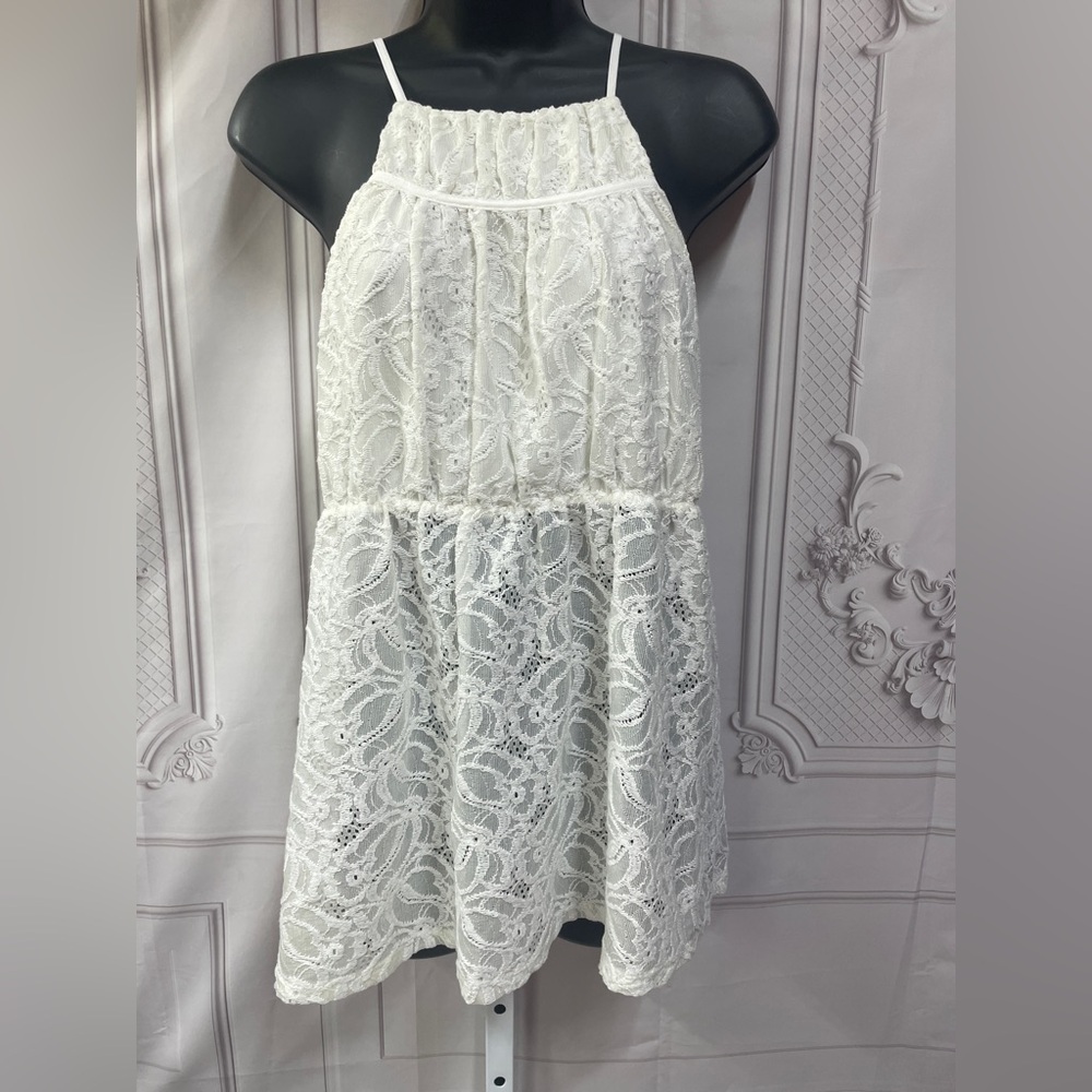 BCBGMaxAzria New Optic White Lace Halter Baby Doll Medium Top